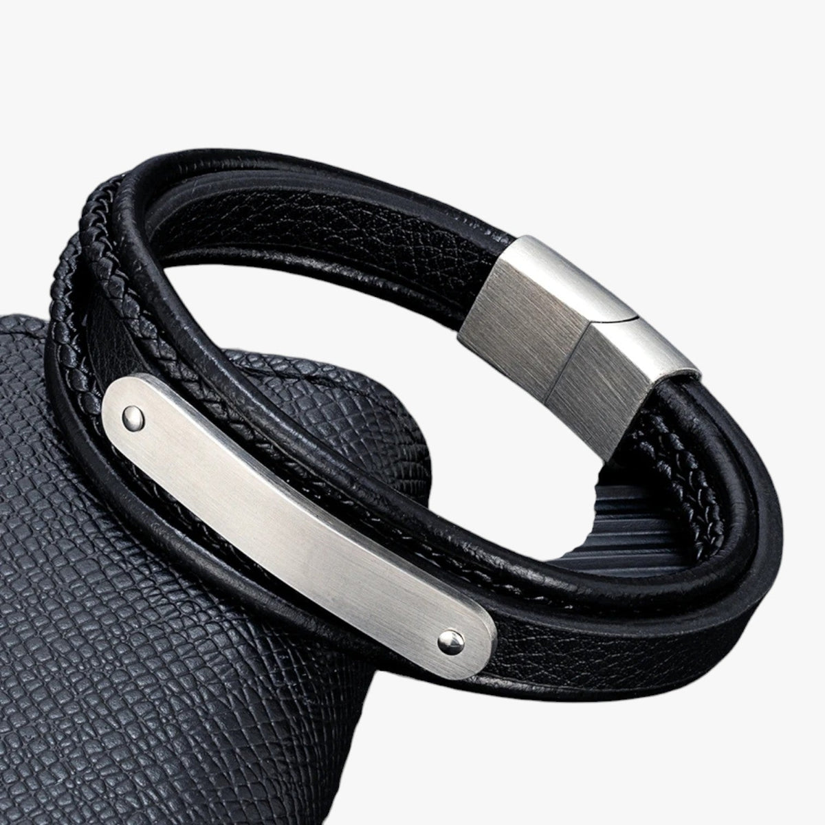 Leather Bracelet with Engraved Stainless Steel Plate
