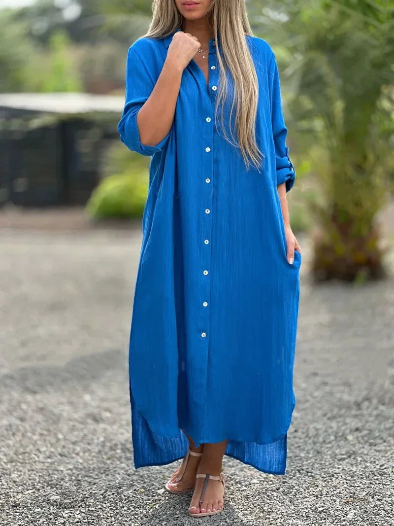 Button-Front Collared Long Sleeve Shirt Maxi Dress