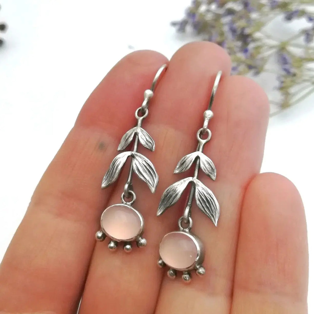 Leafy Rose Quartz Drop Earrings in Two Shades