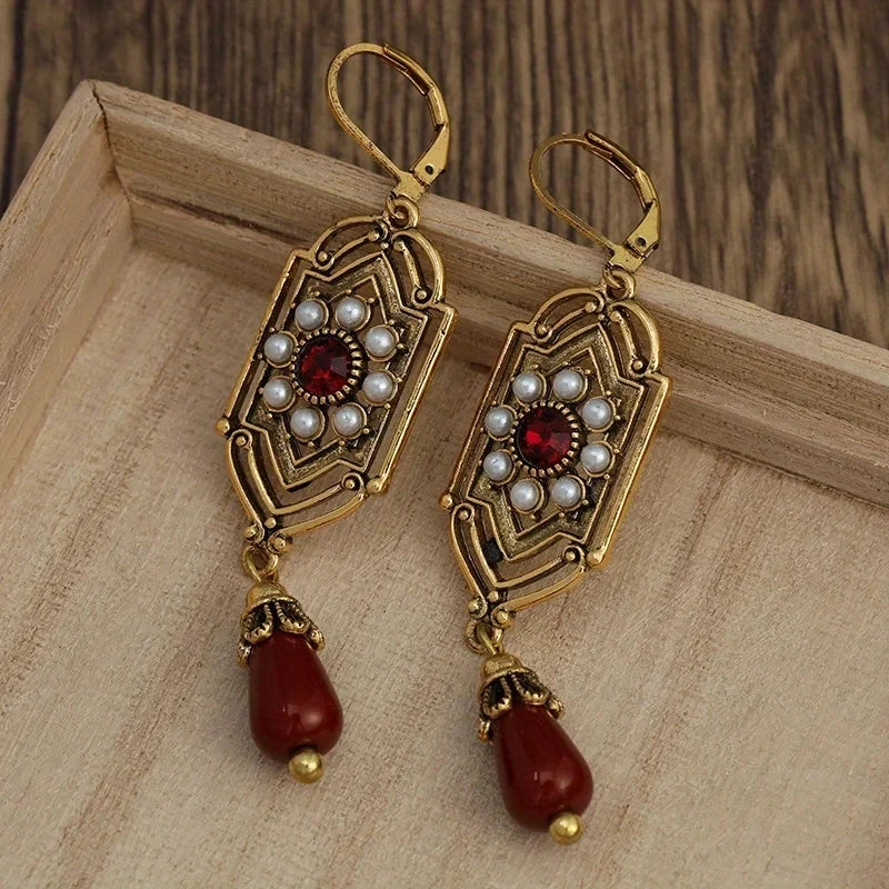 Art Deco Garnet-Look and Pearl Drop Earrings