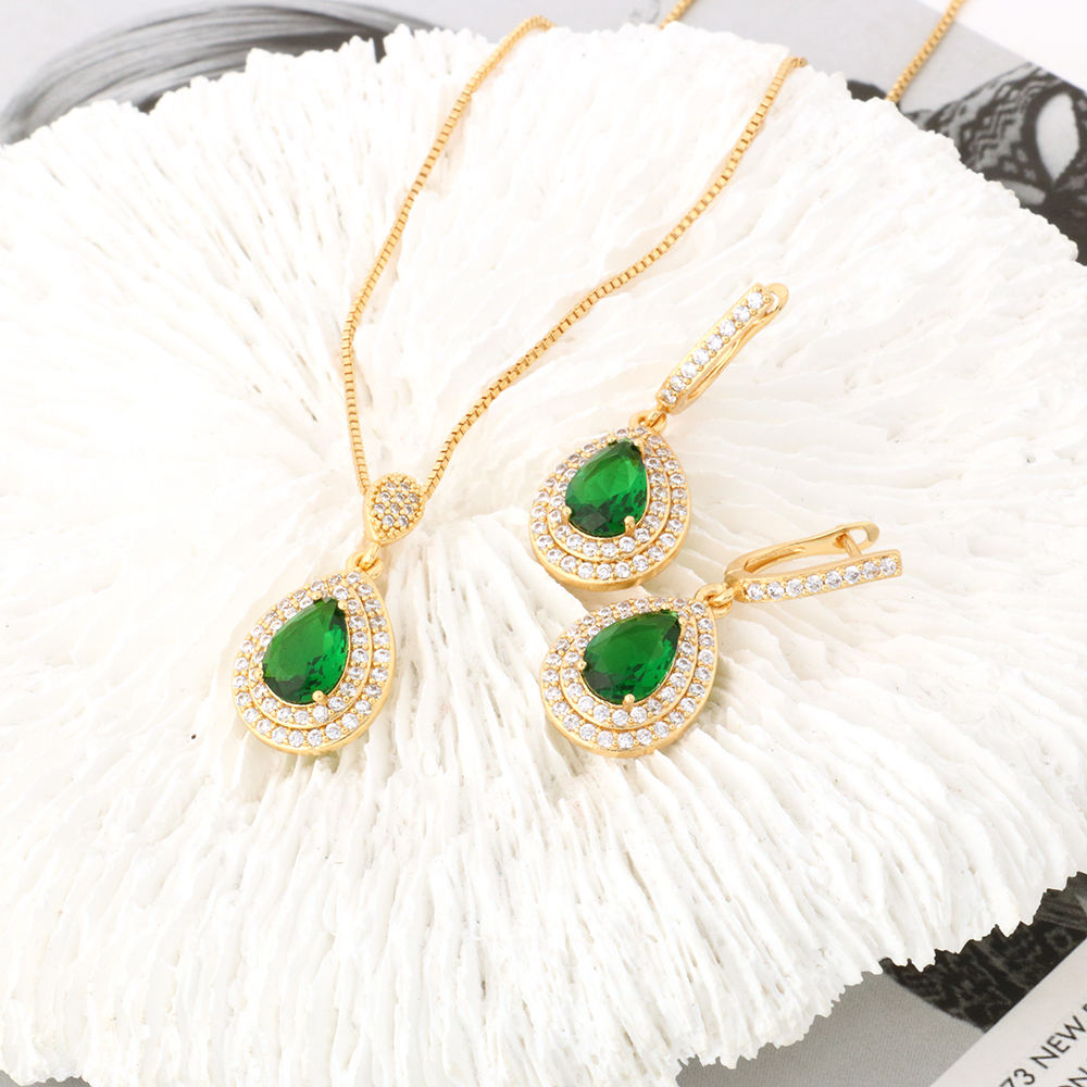 Green Pear Stone Pendant and Earrings Set