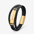 Geweven leren armband met kruisdetail, zwart en goud
