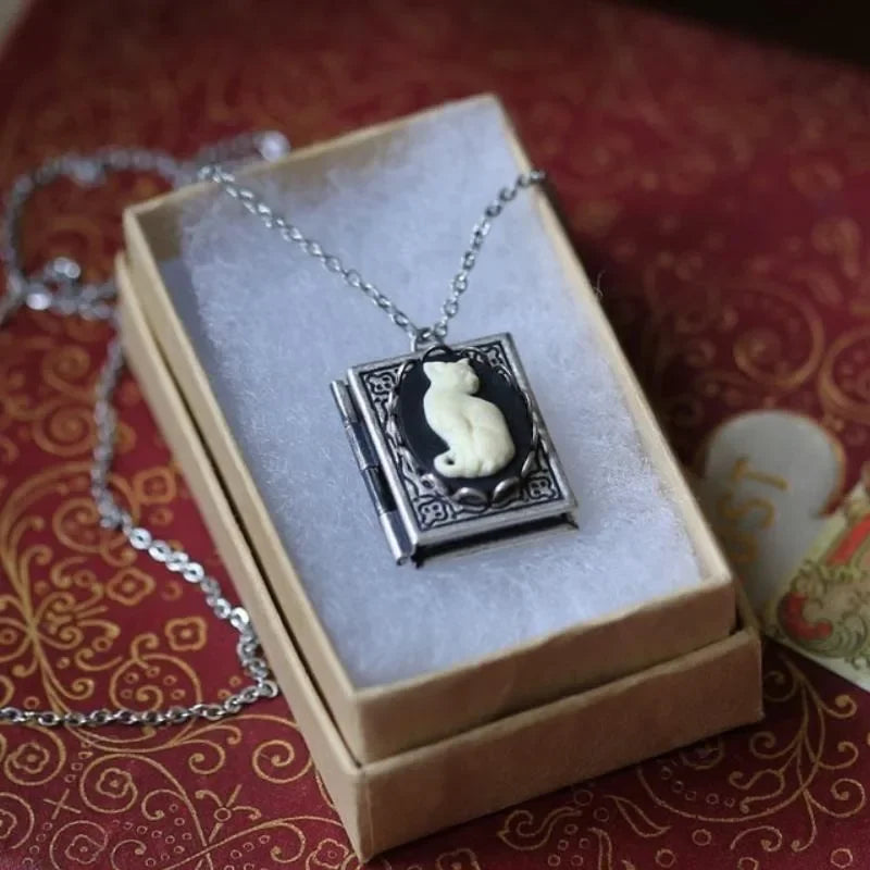 Vintage Cat Book Pendant Necklace with Rotating Page