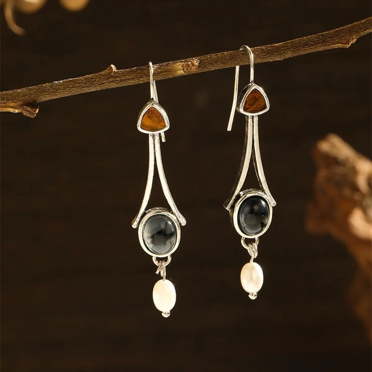 Silver-Tone Tri-Stone Pearl Drop Earrings