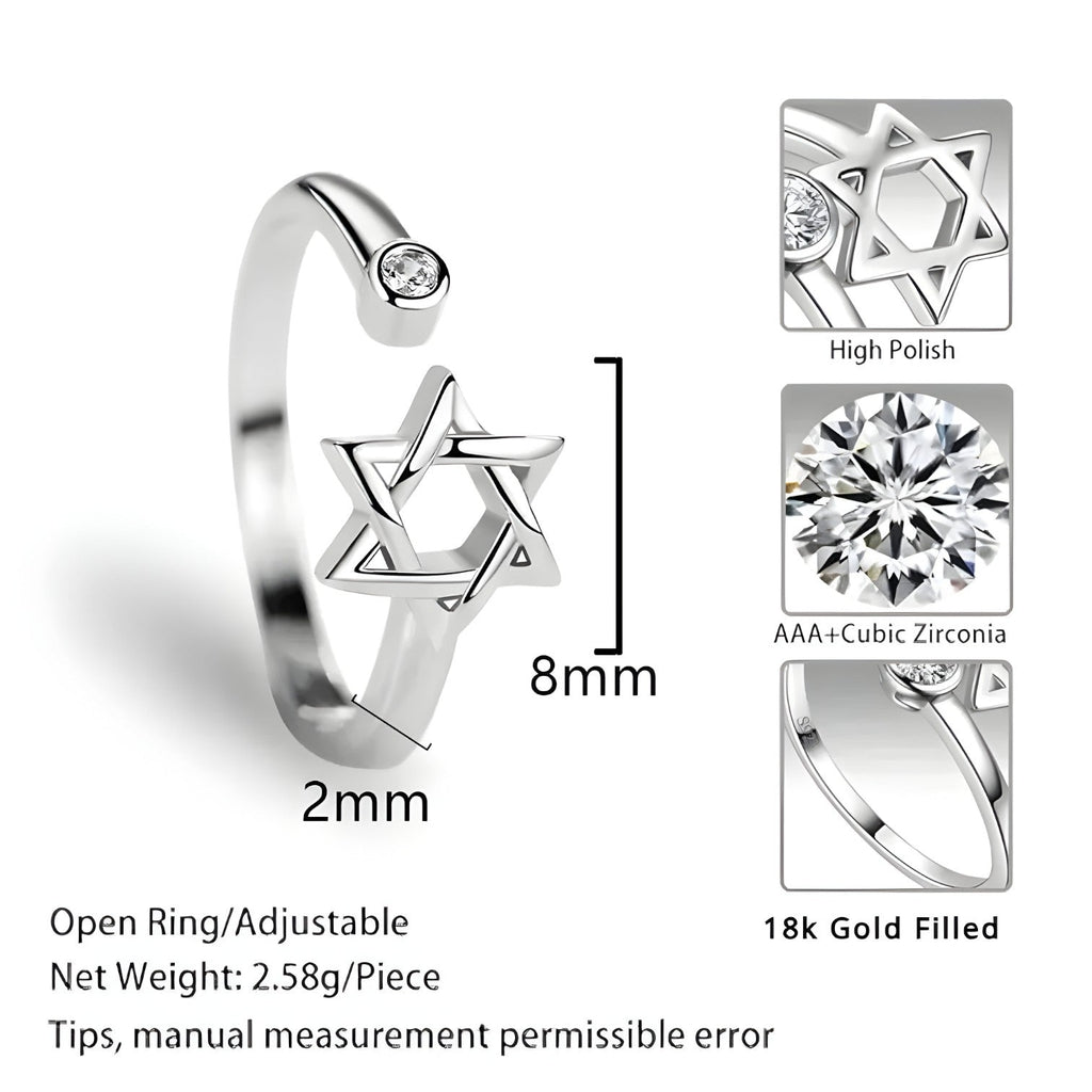 Adjustable Hexagonal Zircon Ring, Gold-Tone