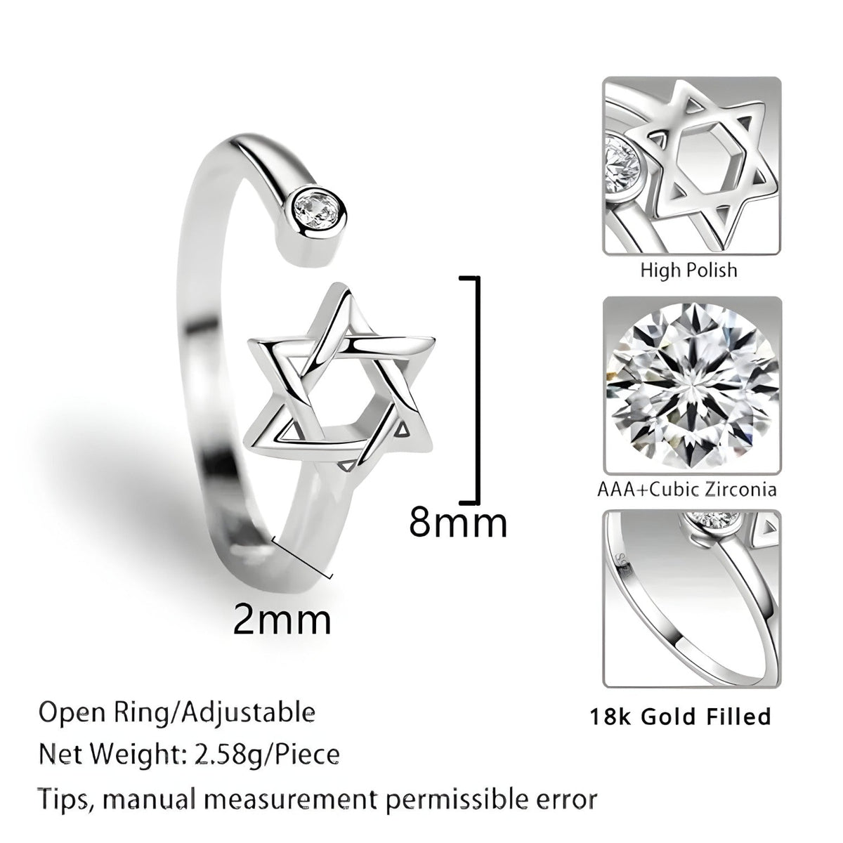 Adjustable Hexagonal Zircon Ring, Gold-Tone