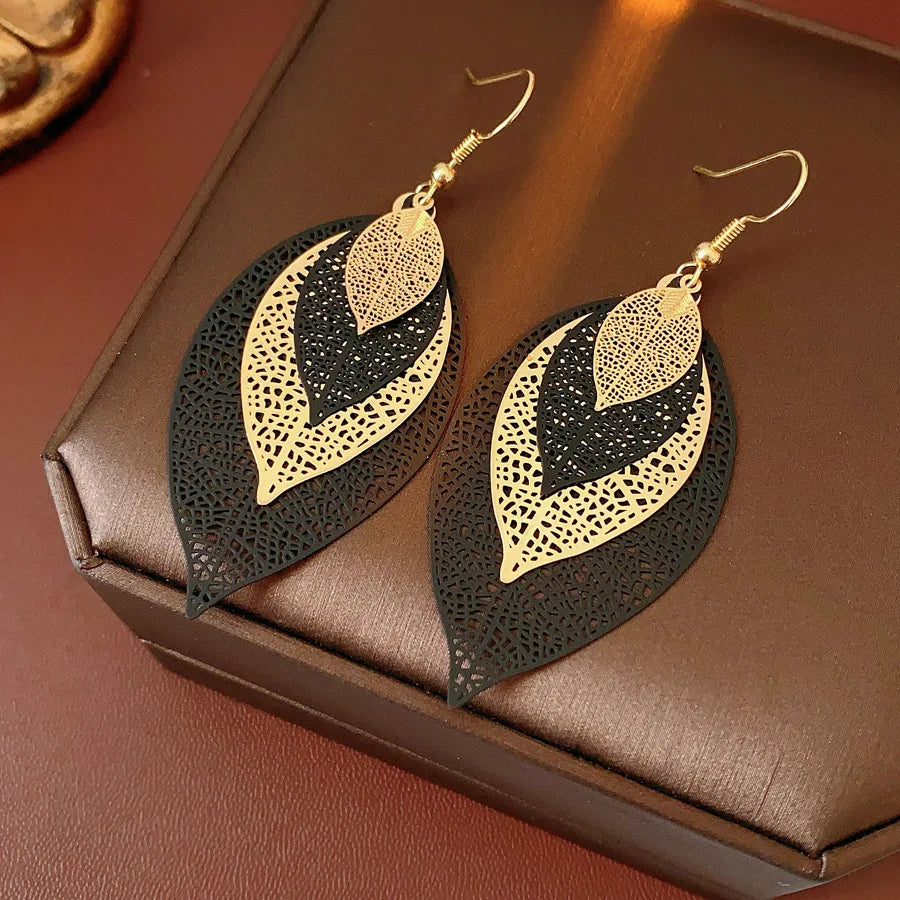 Black Filigree Leaf Earrings in Two Metal Tones