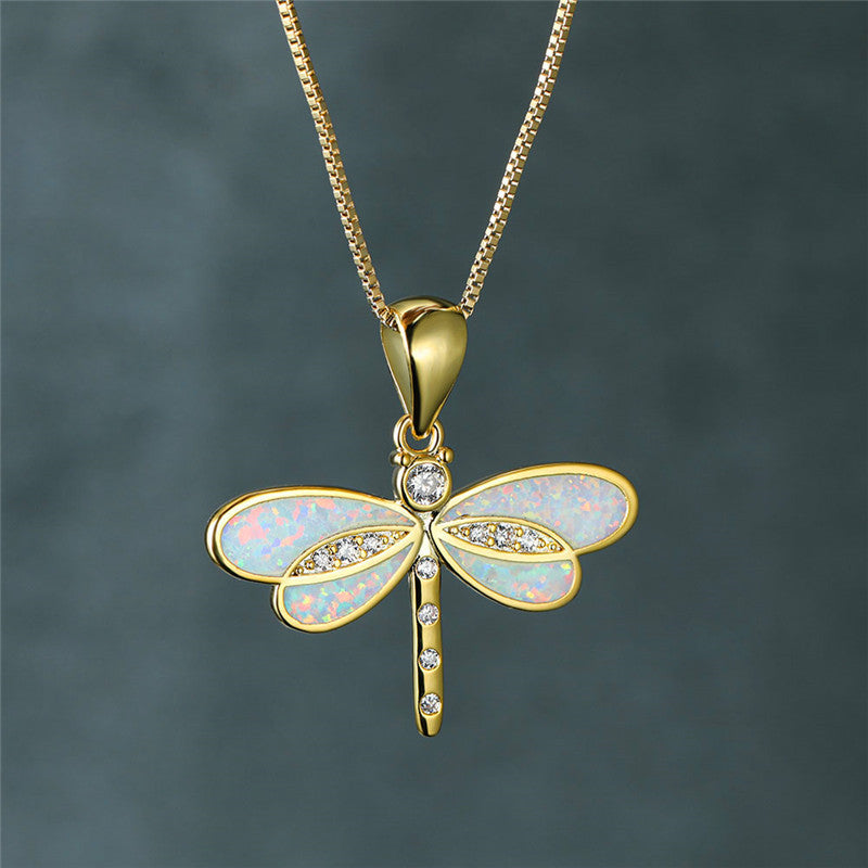 Gold-Tone Dragonfly Necklace with Opal-Look Stone