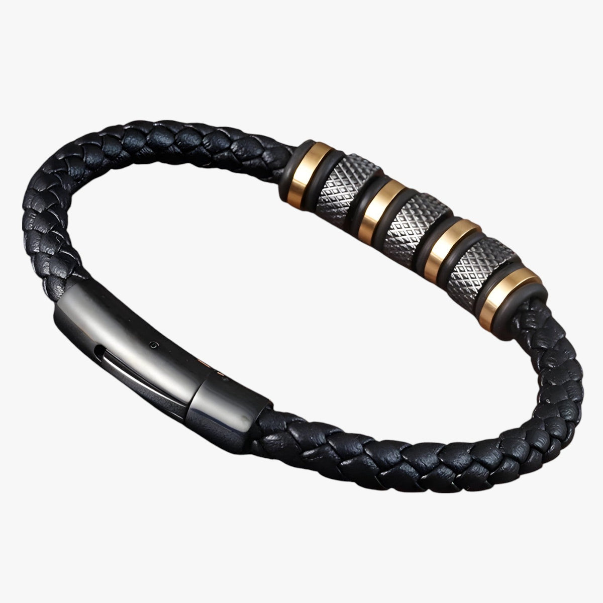 Braided Leather Bracelet with Steel Bead Detail