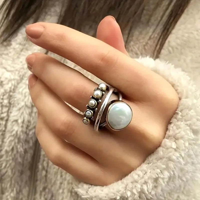 Silver-Tone Pearl Stacking Ring Set