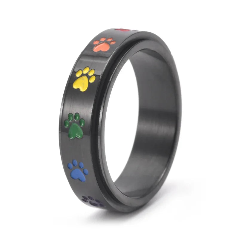 Stainless Steel Spinning Paw Fidget Ring with Rainbow Paws