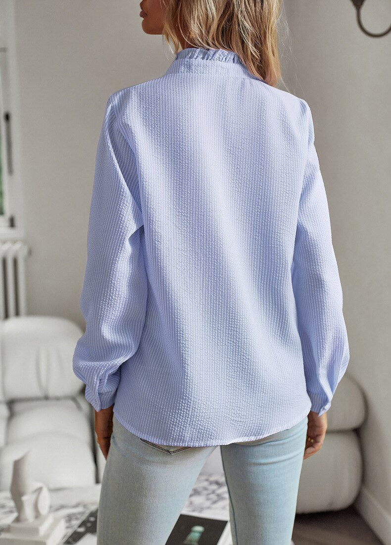 Long Sleeve Striped Blouse with Ruffle Trim