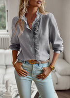 Long Sleeve Striped Blouse with Ruffle Trim