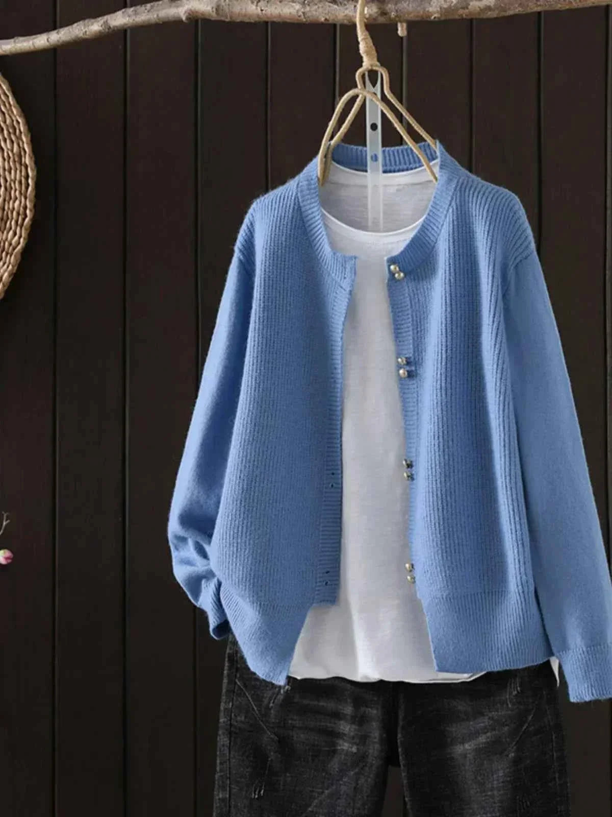 Pearl-Button Cardigan with a Classic Round Neckline
