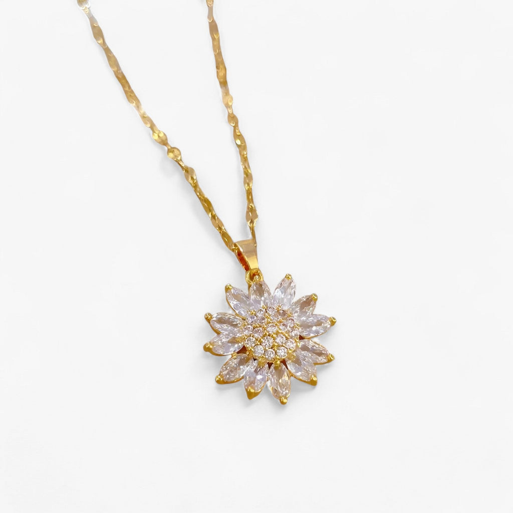 Flower Pendant Necklace with Zirconia, 316L Steel