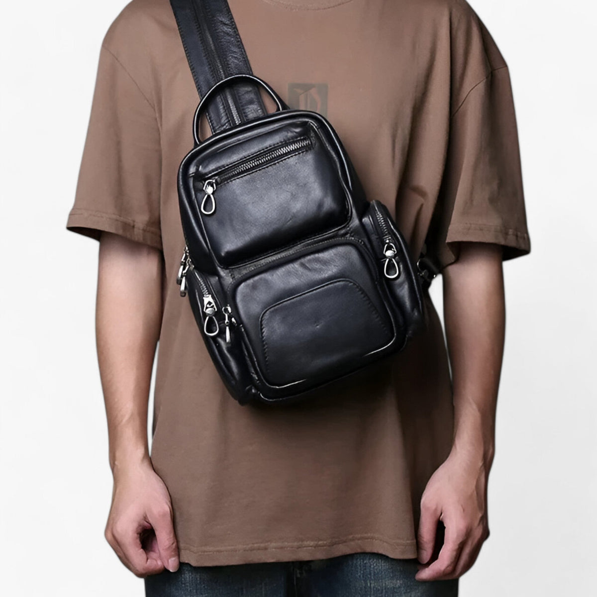 Men's Two-in-One Leather Chest Bag and Backpack