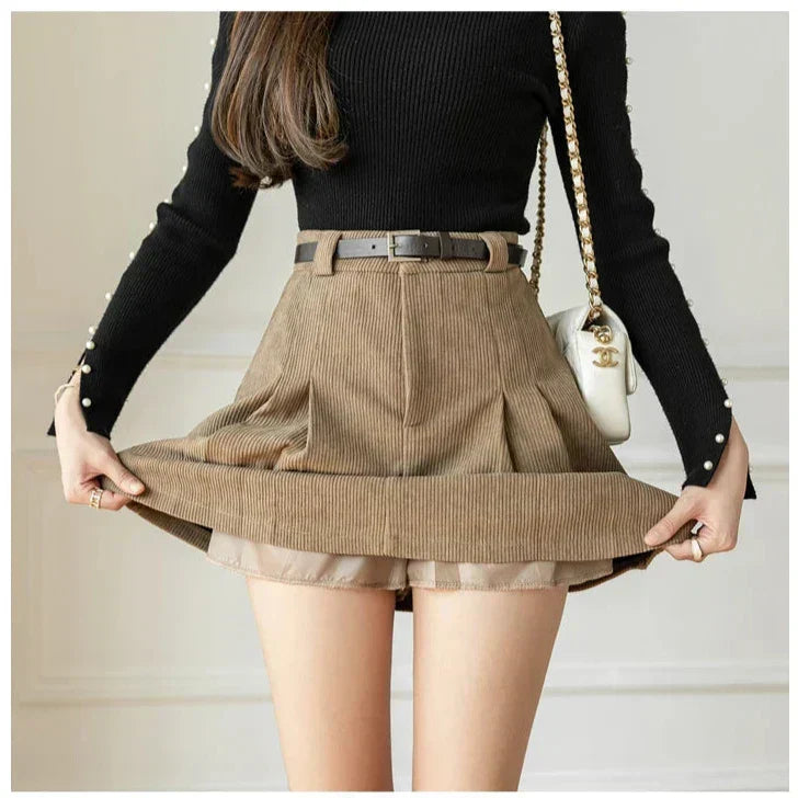 High-Waisted Pleated Corduroy Skirt with Matching Belt