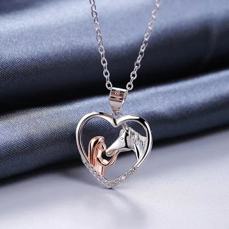 Heart Zircon Girl and Horse Necklace