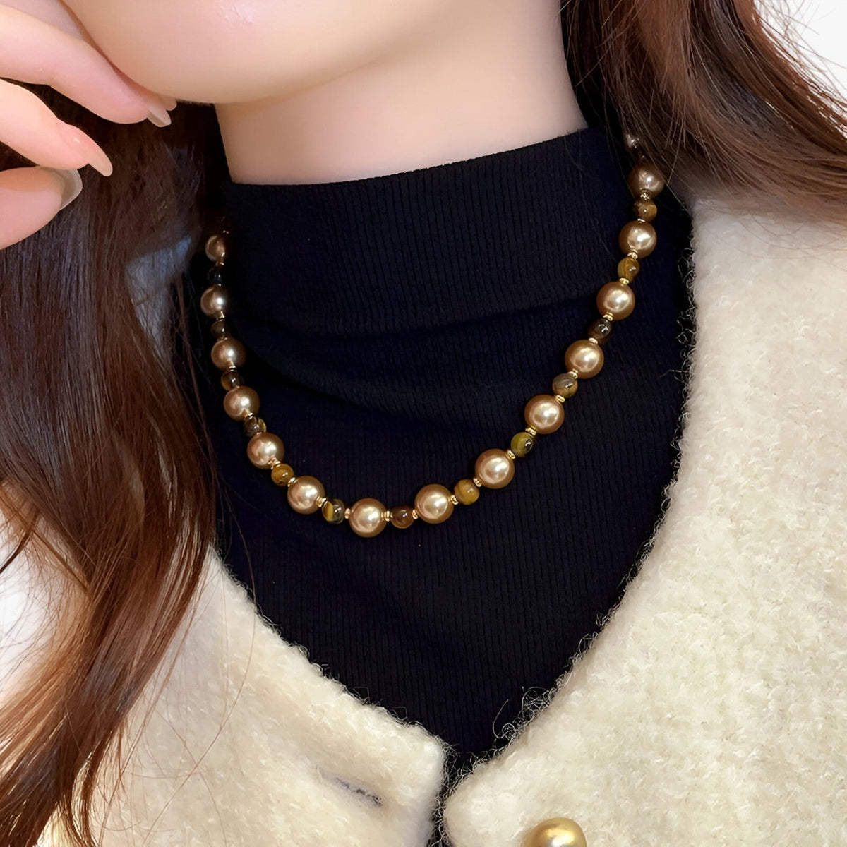 Tiger's Eye and Champagne Pearl Necklace, Gold-Tone