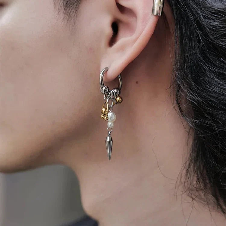 Burnished Metal and Pearl Drop Earrings