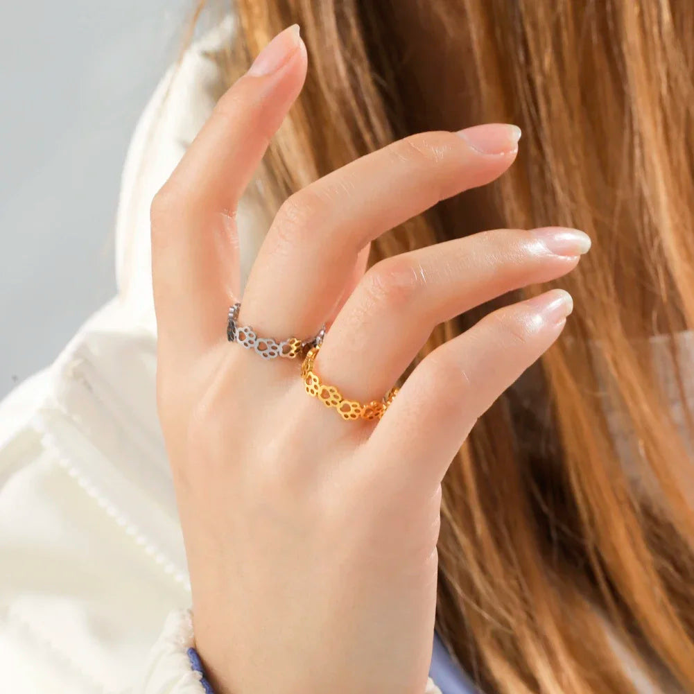 Adjustable Stainless Steel Paw Print Ring
