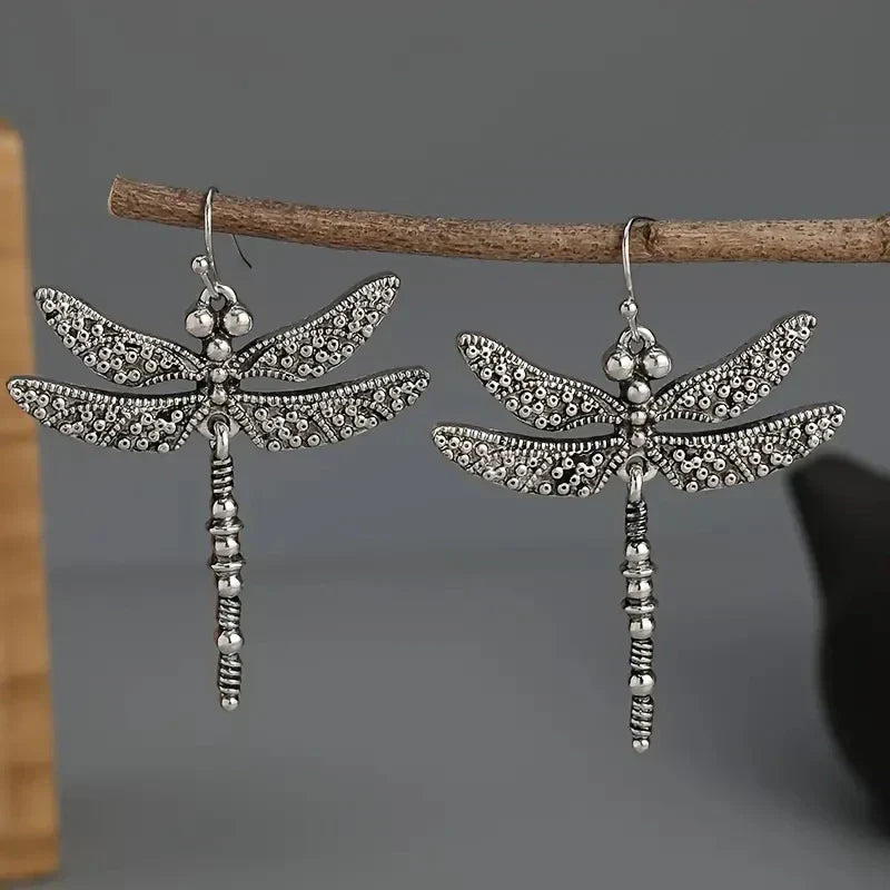 Vintage-Style Silver-Tone Carved Dragonfly Earrings