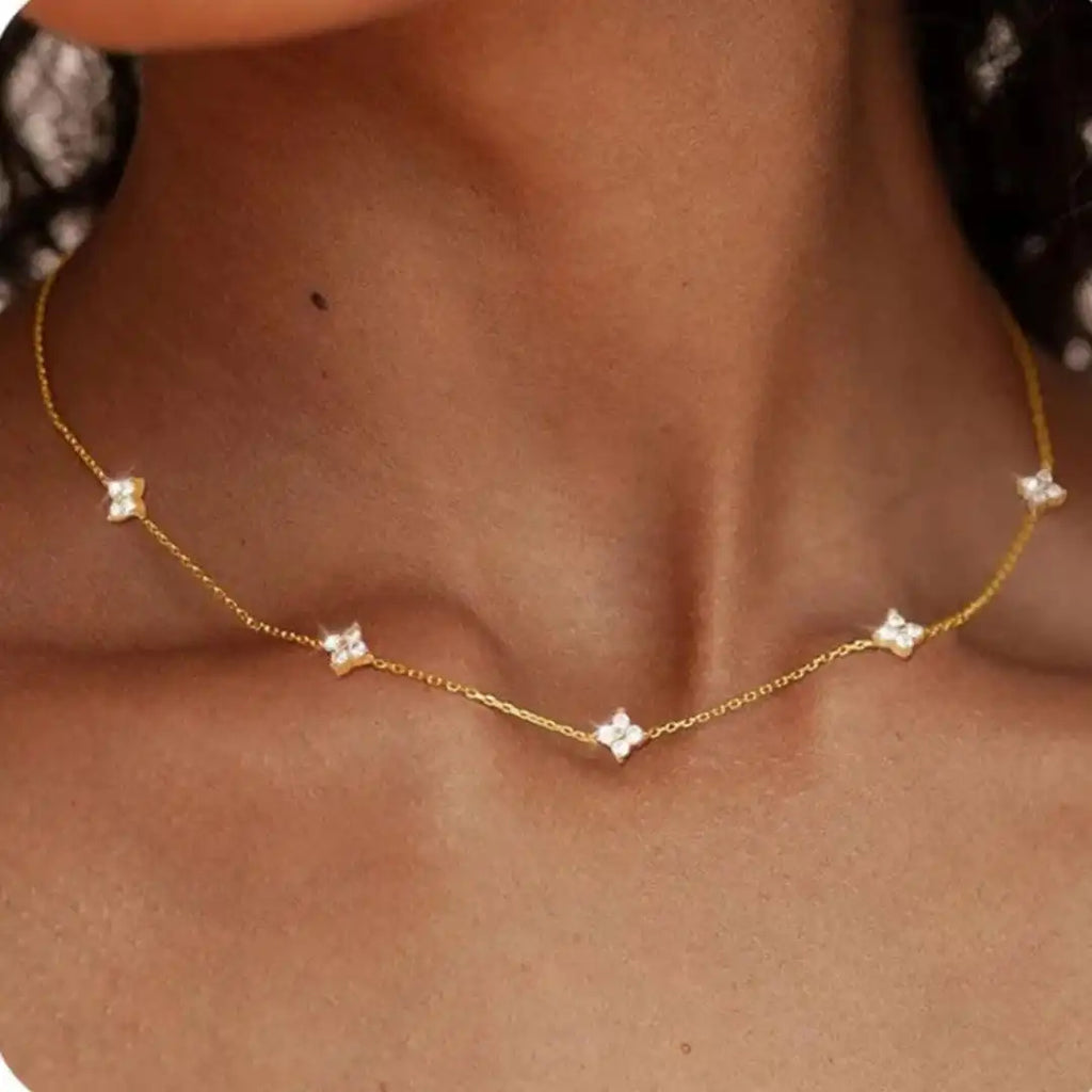 Flower Inlaid Zirconia Necklace in Two Metal Tones