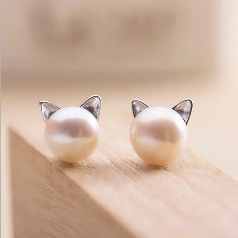 Sterling Silver Cat and Pearl Stud Earrings