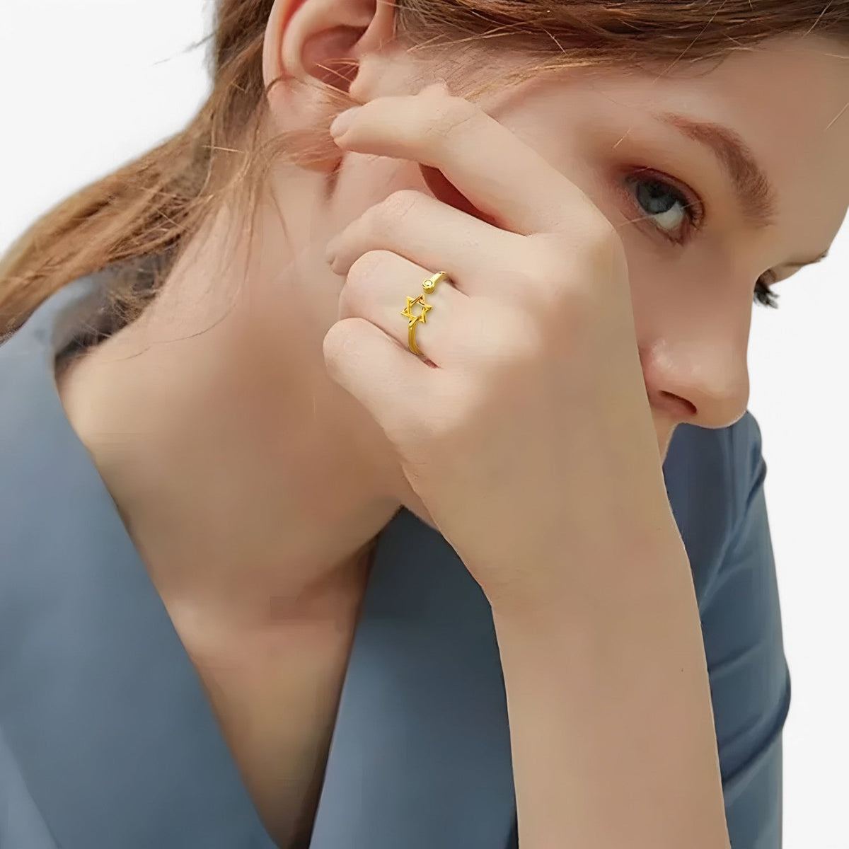Adjustable Hexagonal Zircon Ring, Gold-Tone