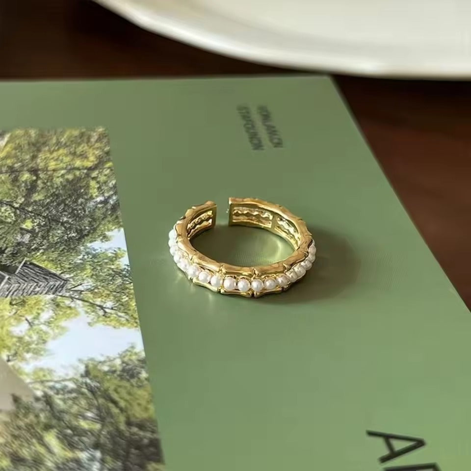 Slim Gold-Tone Band Ring with Inlaid Pearl-Look Beads
