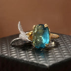 Adjustable 14K Gold-Plated Hummingbird Ring with Aquamarine-Colour Stone