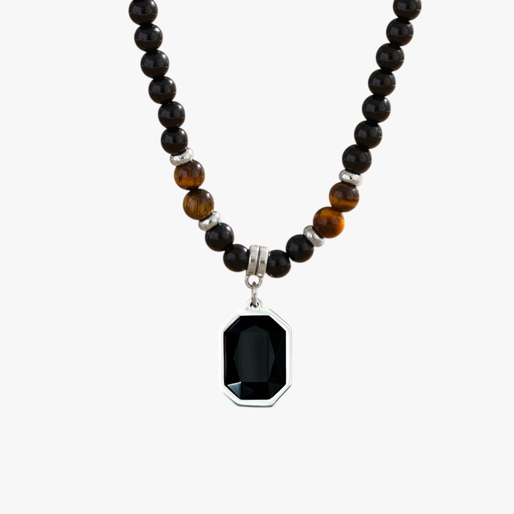 Black Beaded Necklace with Square Pendant