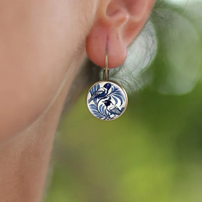 Glass-Covered Bird Art Earrings in Vintage Bronze Tone