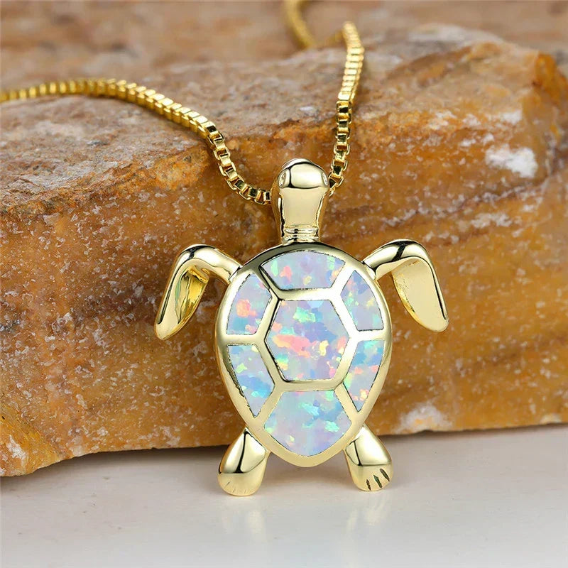 Vintage Fire Opal-Look Turtle Pendant Necklace