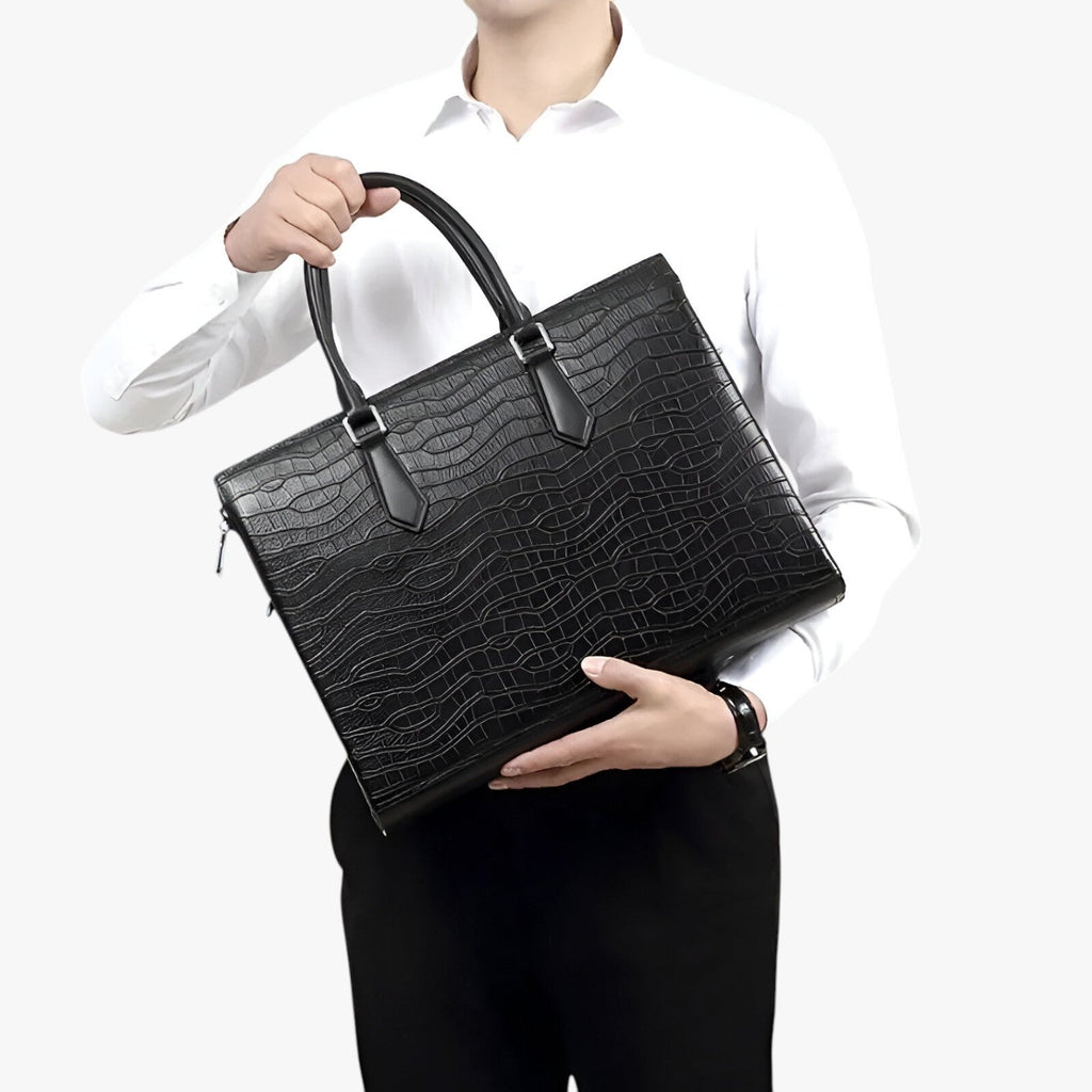 High-Capacity Black Leather Travel Bag with Laptop Compartment