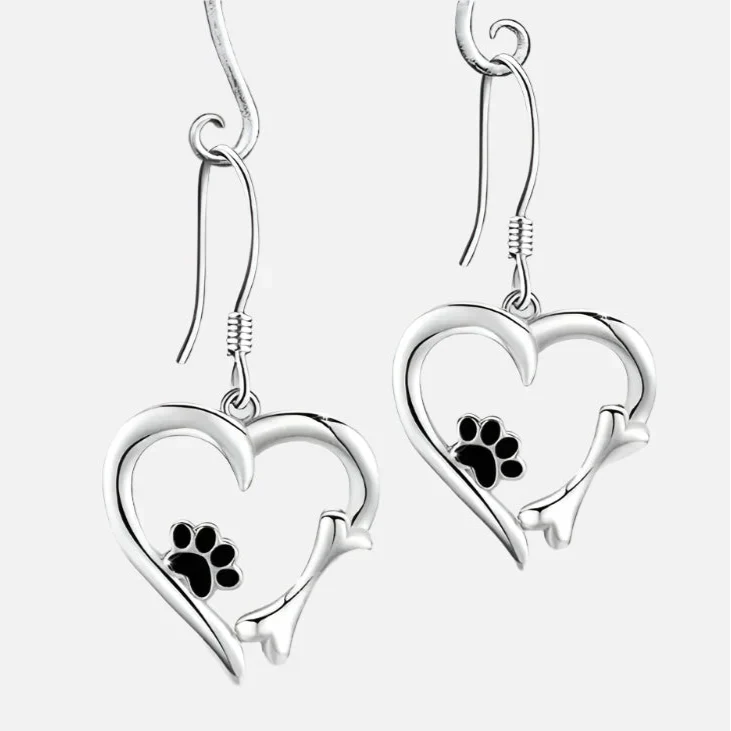 Silver-Tone Heart and Paw Pendant Earrings