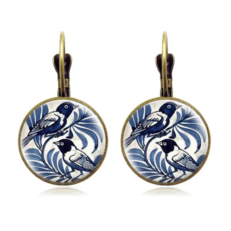 Glass-Covered Bird Art Earrings in Vintage Bronze Tone