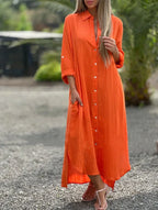 Button-Front Collared Long Sleeve Shirt Maxi Dress