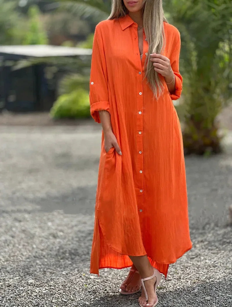 Button-Front Collared Long Sleeve Shirt Maxi Dress