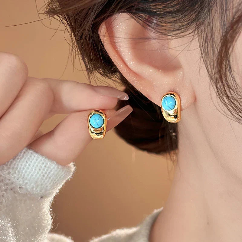Curved Turquoise Copper-Tone Earrings