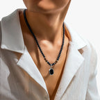 Black Beaded Necklace with Square Pendant
