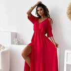 Cold Shoulder Wrap Front V-Neck Maxi Dress