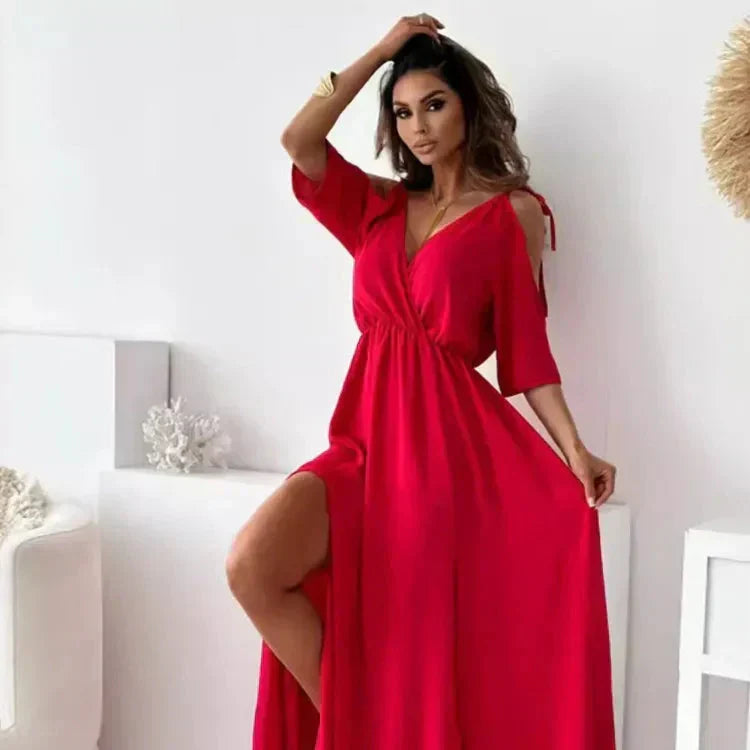Cold Shoulder Wrap Front V-Neck Maxi Dress