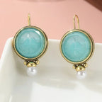 Aqua Carved Stone and Pearl Drop Earrings