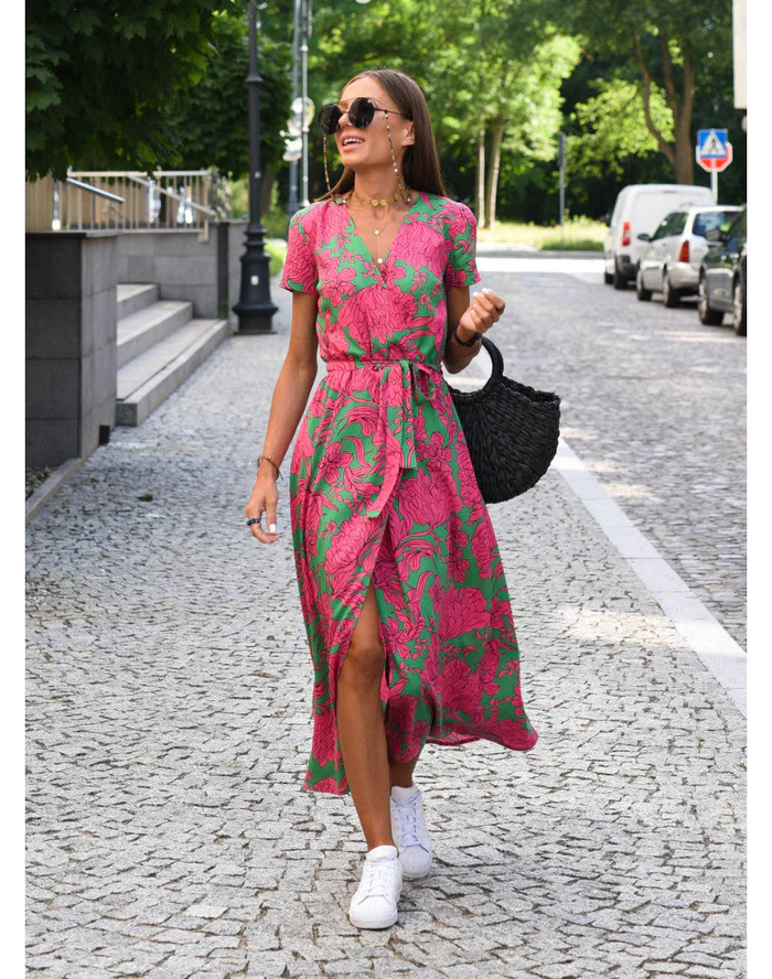 Wrap Front Tie Waist Short Sleeve Maxi Dress