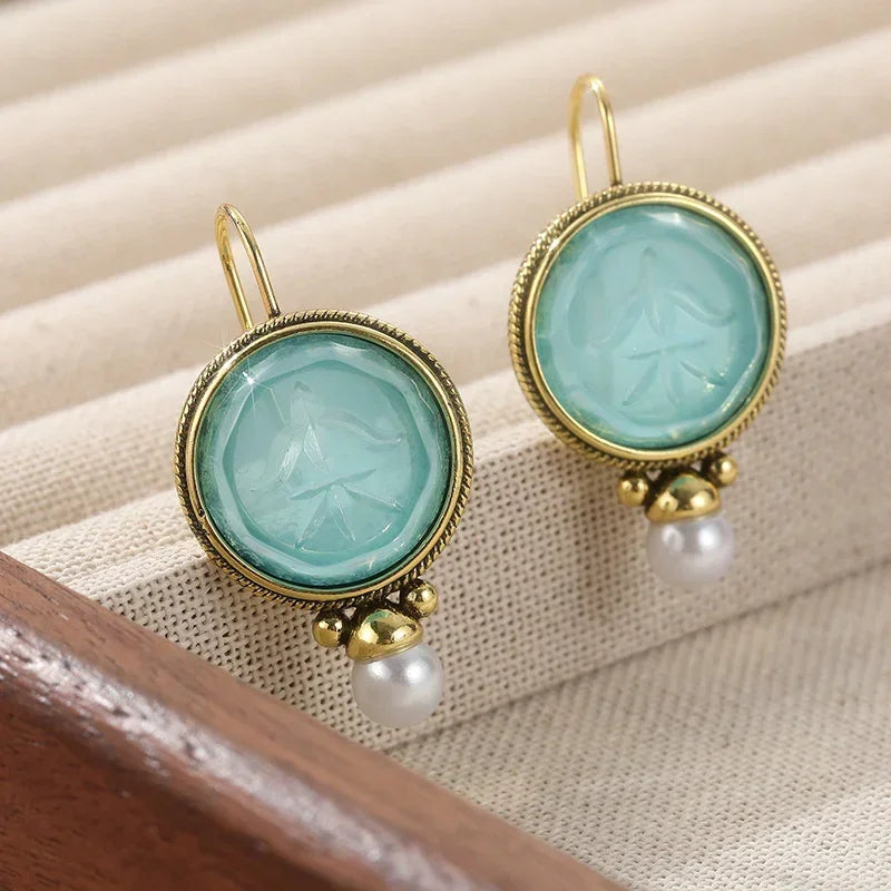 Aqua Carved Stone and Pearl Drop Earrings
