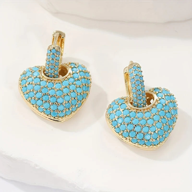 Turquoise-Look Pavé Heart Huggie Earrings