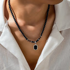 Black Beaded Necklace with Square Pendant