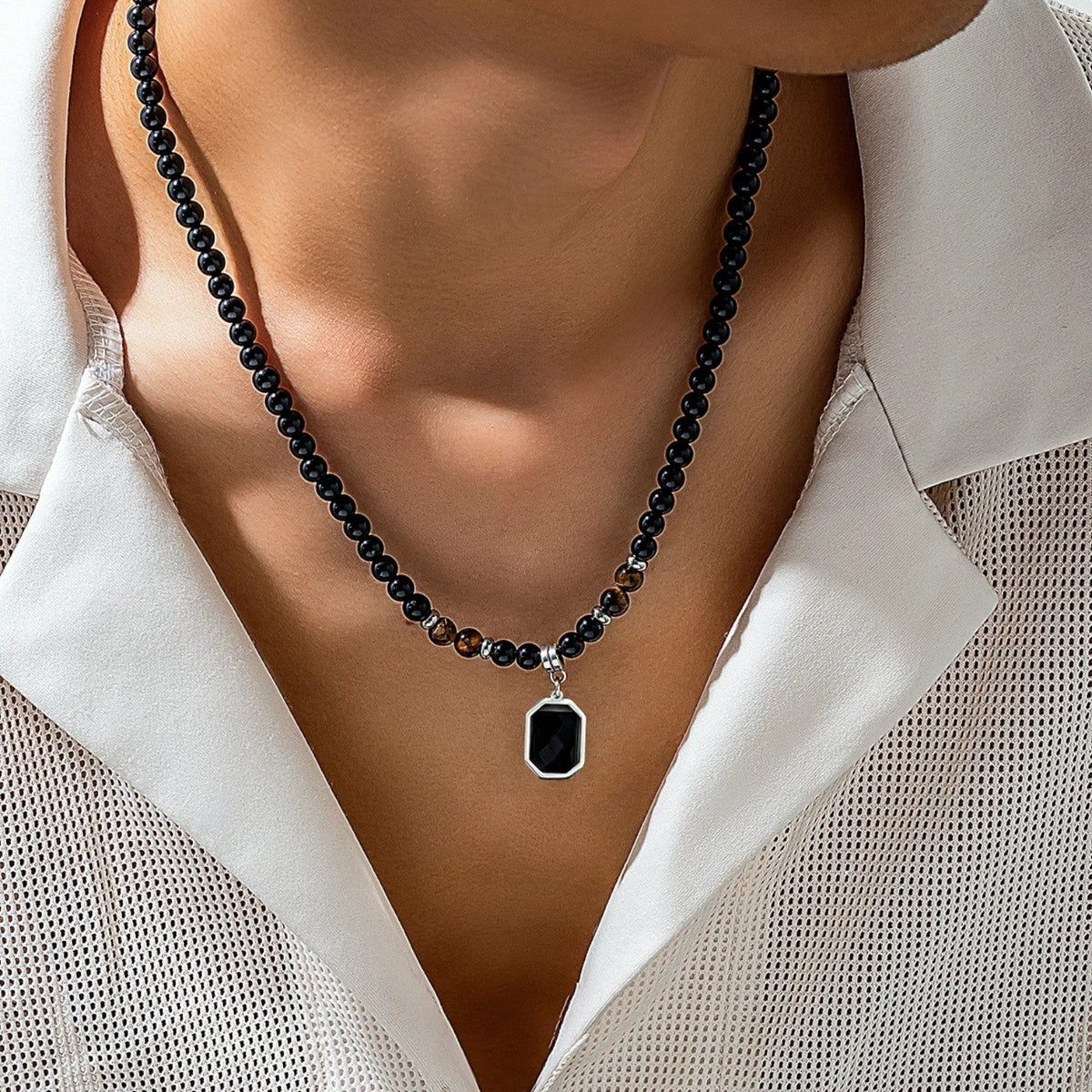 Black Beaded Necklace with Square Pendant