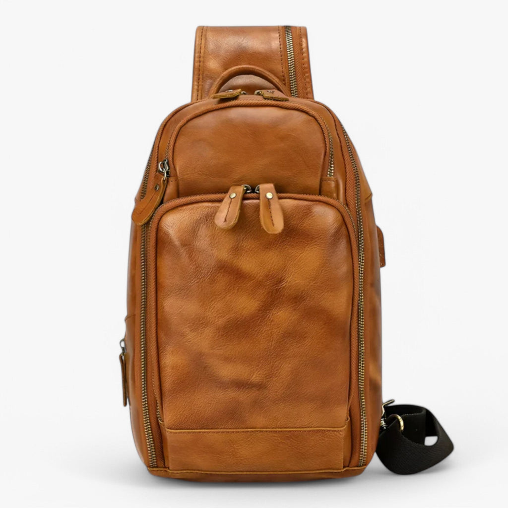 Men's Genuine Ox Leather Chest Bag with USB Charging Port